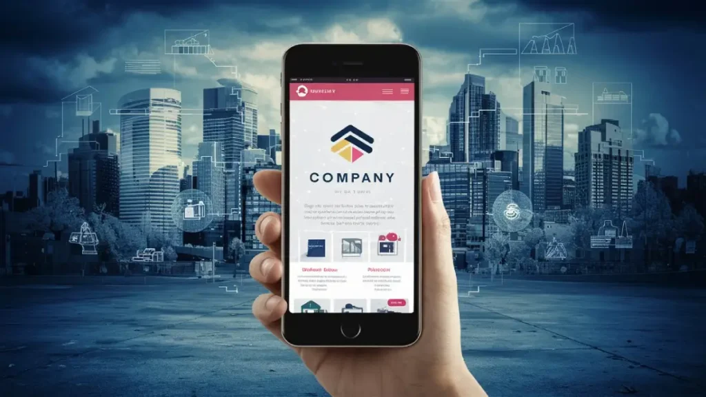 Une-main-tenant-un-smartphone-affichant-un-site-web-entreprise-bénéfices-d'un-site-web-professionnel-pour-améliorer-la-visibilité-et-la-notoriété-en-ligne