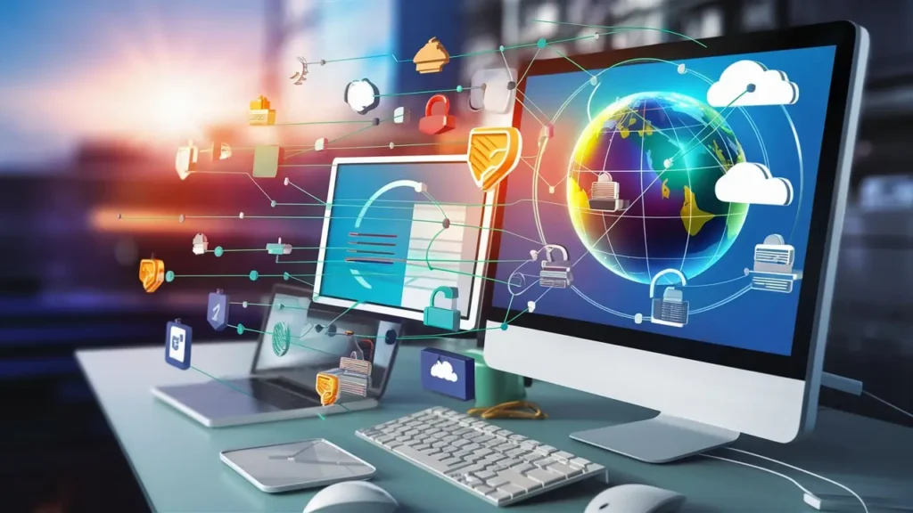ordinateur sur un bureau dont l'ecran est allumé et ou l'on voit la creation d'un site inetrnet pas cher avec des templates