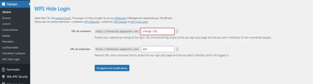 Indication du changement login pour sécuriser son site WordPress